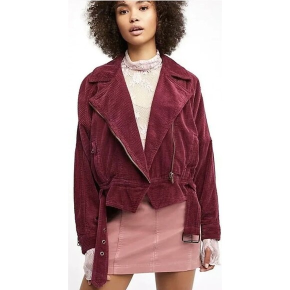 Free People Jackets & Blazers - Free People Slouchy Dolman Moto Jacket Size M Zip Belt Burgundy Red B72